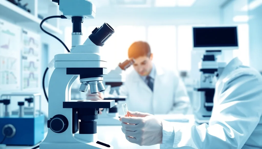 Analizzare il spermiogramma con un microscopio in laboratorio professionale.