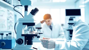 Analizzare il spermiogramma con un microscopio in laboratorio professionale.