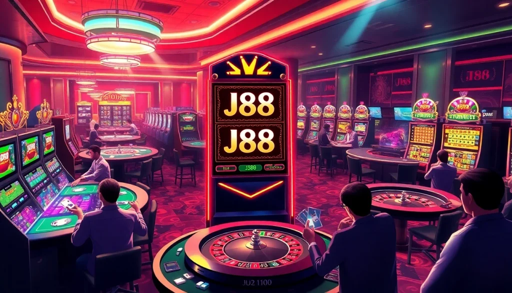 Players enjoying high-stakes action at a vibrant J88-themed casino, celebrating wins with colorful chips.