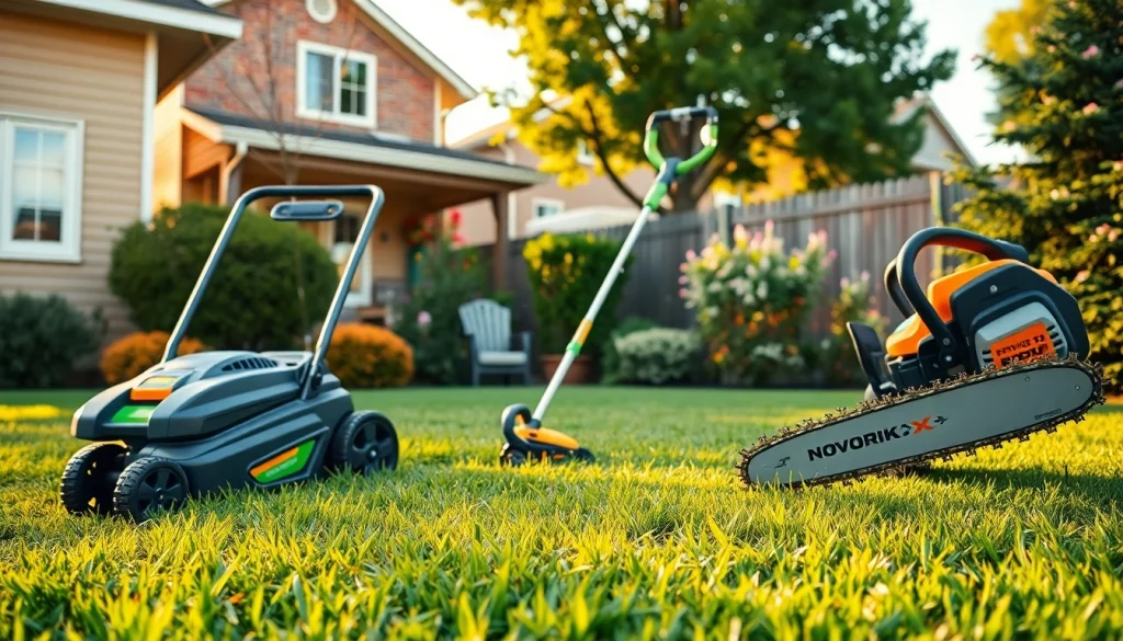 Explore NovorikX power tools enhancing lawn care in a vibrant backyard setting.