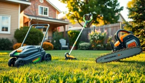 Explore NovorikX power tools enhancing lawn care in a vibrant backyard setting.