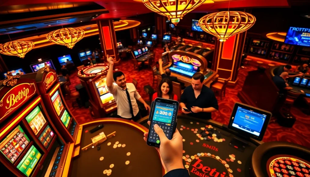 Người chơi tận hưởng ứng dụng BetVIP giữa không khí casino sống động với máy slot và bàn poker.