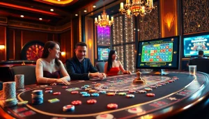 Experience the thrill of רמיקוב אונליין in a vibrant casino setting with strategic players and colorful tiles.