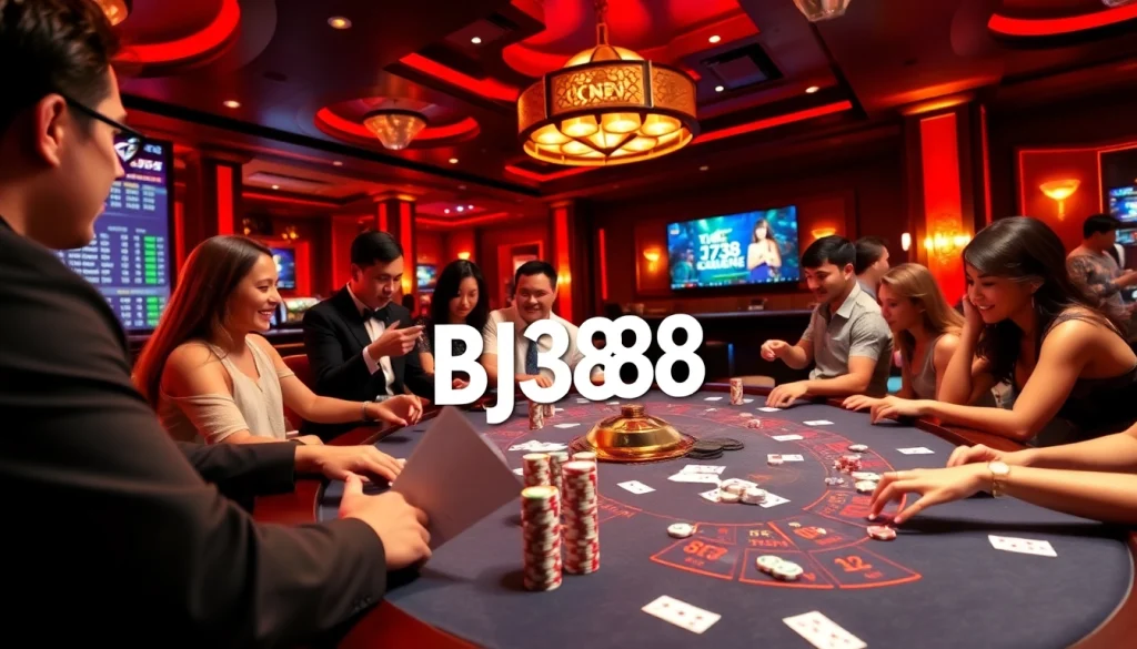 BJ388 players enjoying an exciting casino atmosphere with poker chips and dice.
