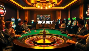 BRABET casino scene with roulette table, poker chips, and luxurious ambiance.