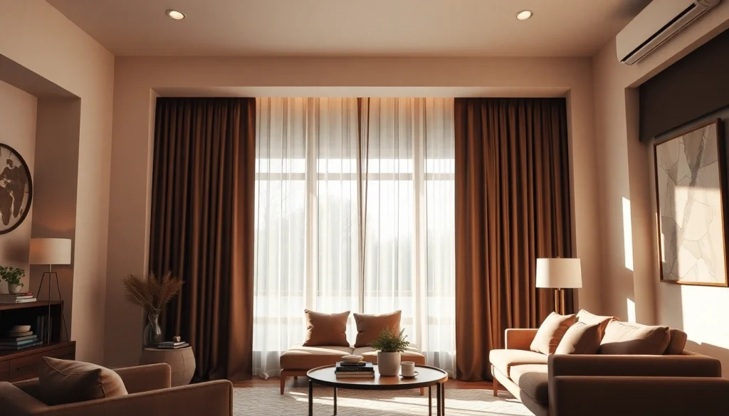 Verduisterende gordijnen blokkeren helder licht in een stijlvol ingericht woonkamer.