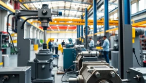 Showcase of industrial hydraulics solutions machinery operating in a modern factory environment.