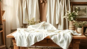 Zuiver linnen stoffen op een rustieke tafel met warme kleuren en natuurlijke texturen.