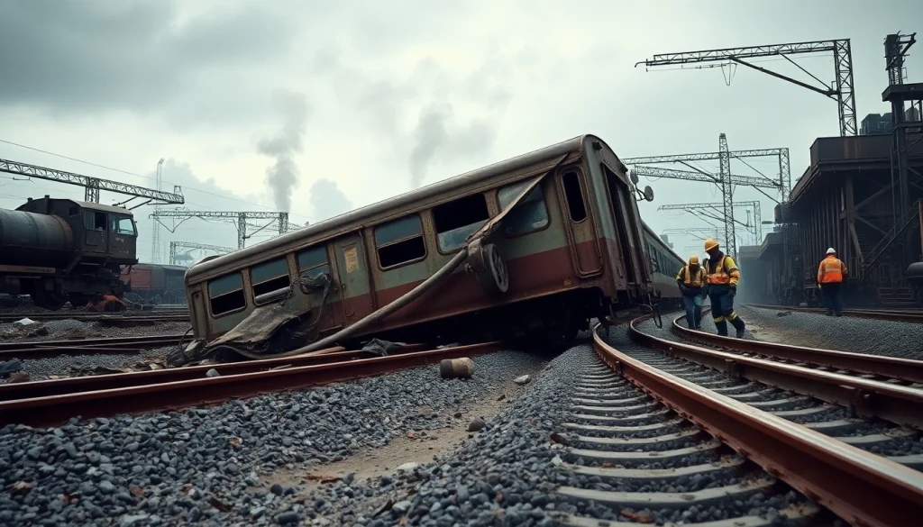 Train derailment scene showcasing twisted train car and responders managing crisis.