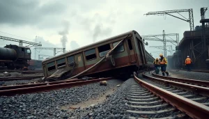 Train derailment scene showcasing twisted train car and responders managing crisis.