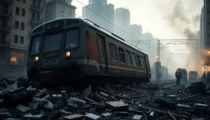 Impactful scene of the spain train crash with emergency responders at work amid the wreckage.