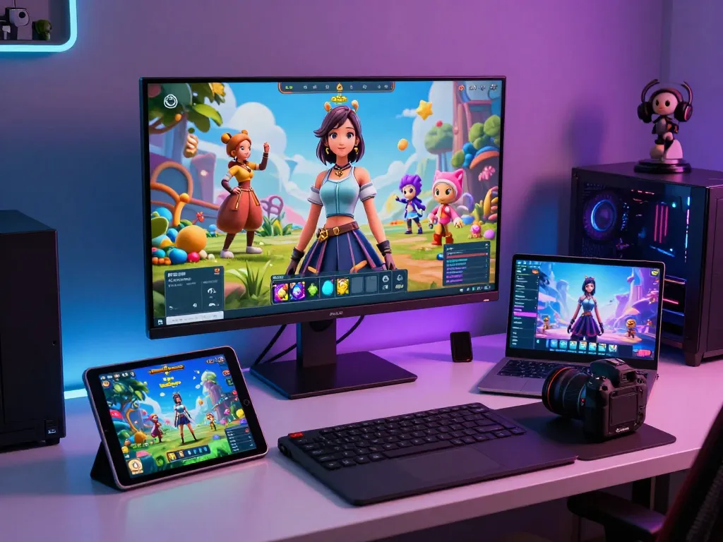 Engaging scene of a gamer creating an AI girlfriend while exploring xxx games on multiple devices.