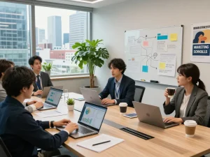 現代オフィスでの合同会社SUMXの革新的なマーケティング戦略を示すチームコラボレーション。