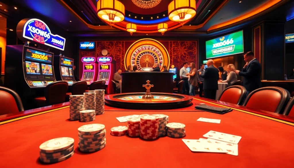 Xoso66 casino scene with poker chips, cards, and roulette wheel illuminating excitement