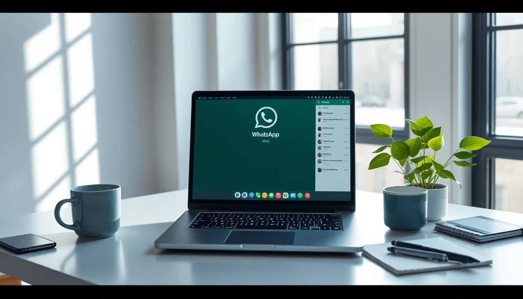 Modern workspace showcasing WhatsApp Web on a laptop, emphasizing connectivity and collaboration.
