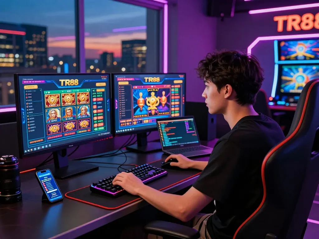 Engaged player at a modern gaming desk showcasing TR88 online casino interface with vibrant game graphics.