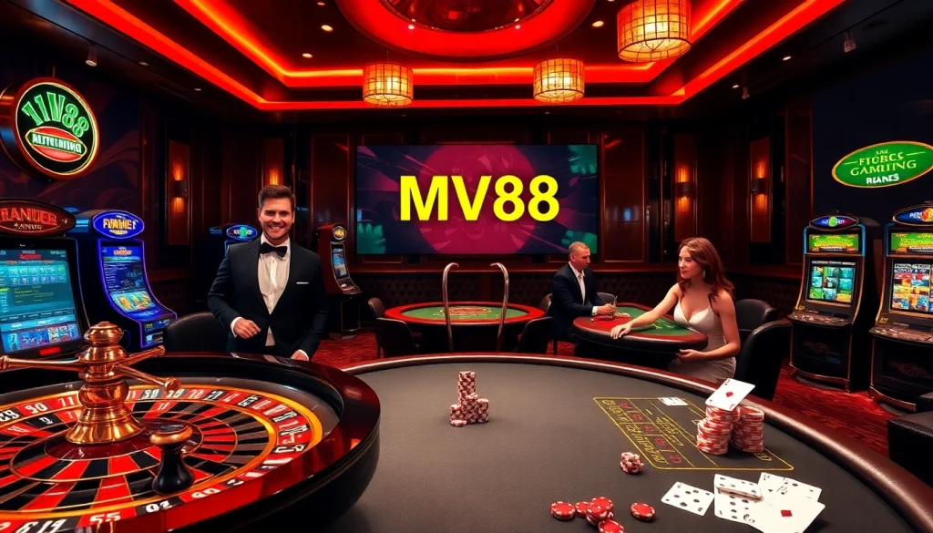 Experience the excitement of MV88 at a luxurious casino with roulette and poker tables.