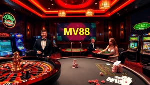Experience the excitement of MV88 at a luxurious casino with roulette and poker tables.