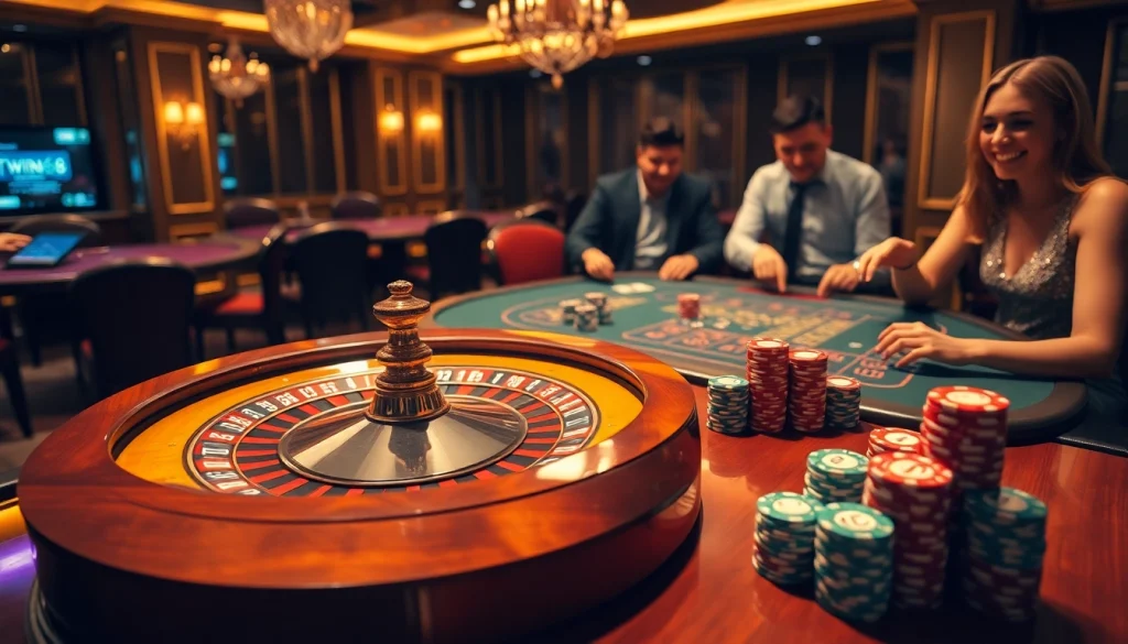 TWIN68 gamblers enjoying blackjack and roulette in a luxurious casino setting.