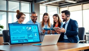 IT support services team collaborating in a modern workspace with a digital dashboard.