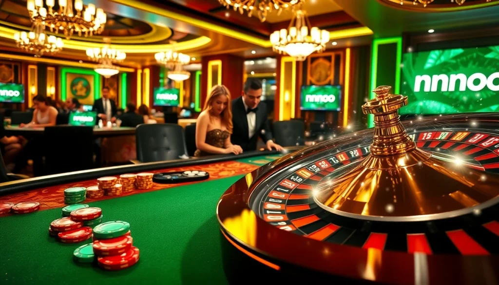 Engaged players enjoying a high-stakes game at a luxury casino table featuring mmoo-themed decorations and bright poker chips.