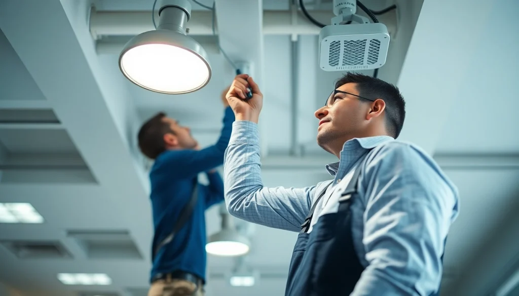 Ensure optimal edmonton lighting maintenance with professionals inspecting bright office fixtures.