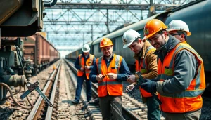 Emergency RailroadRepair team working diligently on track repairs with vibrant safety gear.