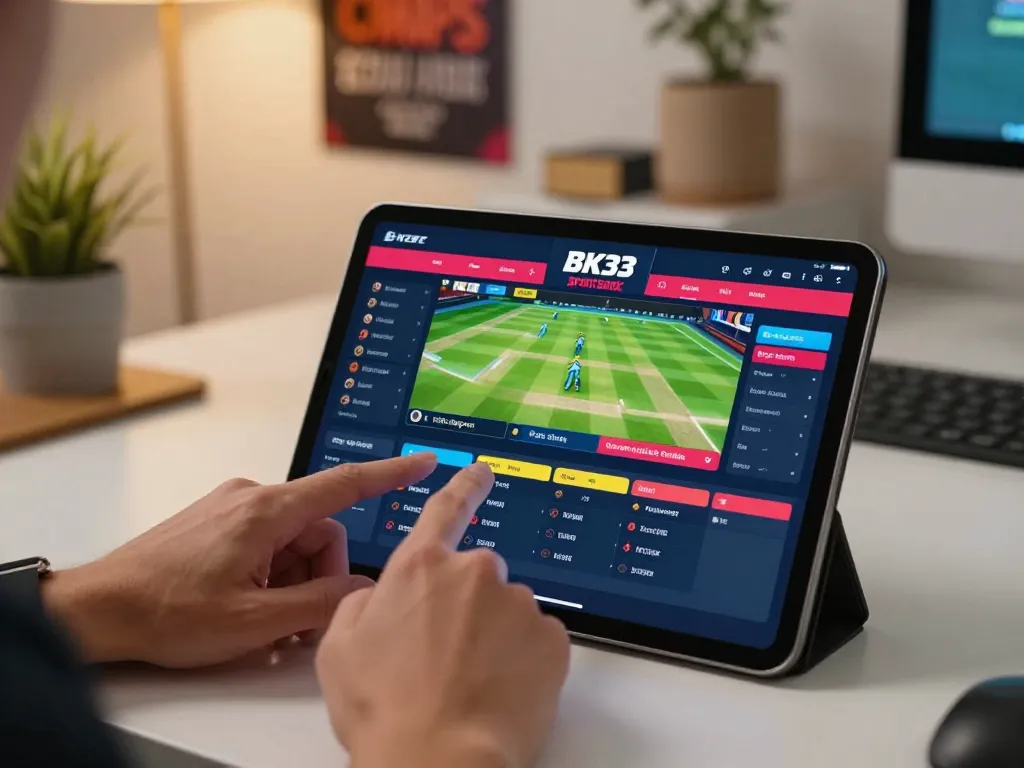 Engaged player using BK33 app for live cricket betting in a cozy home setting