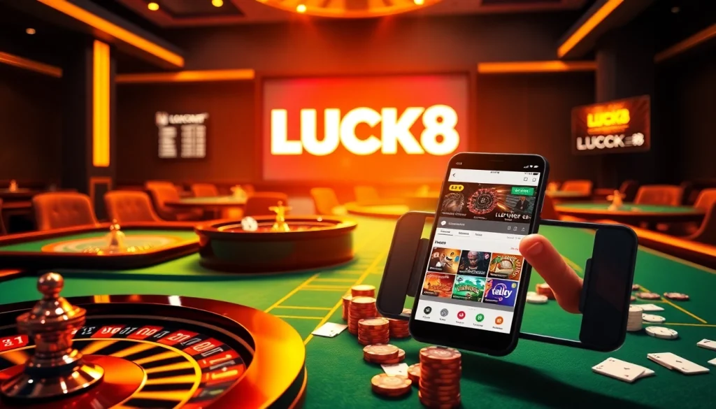 LUCK8 casino scene featuring poker chips and roulette wheel, emphasizing luxury and excitement.