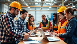 Engaged participants in apprenticeship programs collaborating and learning in a dynamic setup.