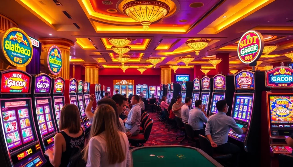 Exciting players winning at slot gacor machines in a luxurious casino atmosphere.