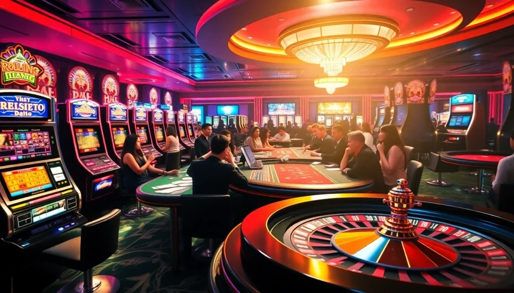 Experience the thrilling atmosphere at BERLIAN888 with vibrant slot machines and poker tables.