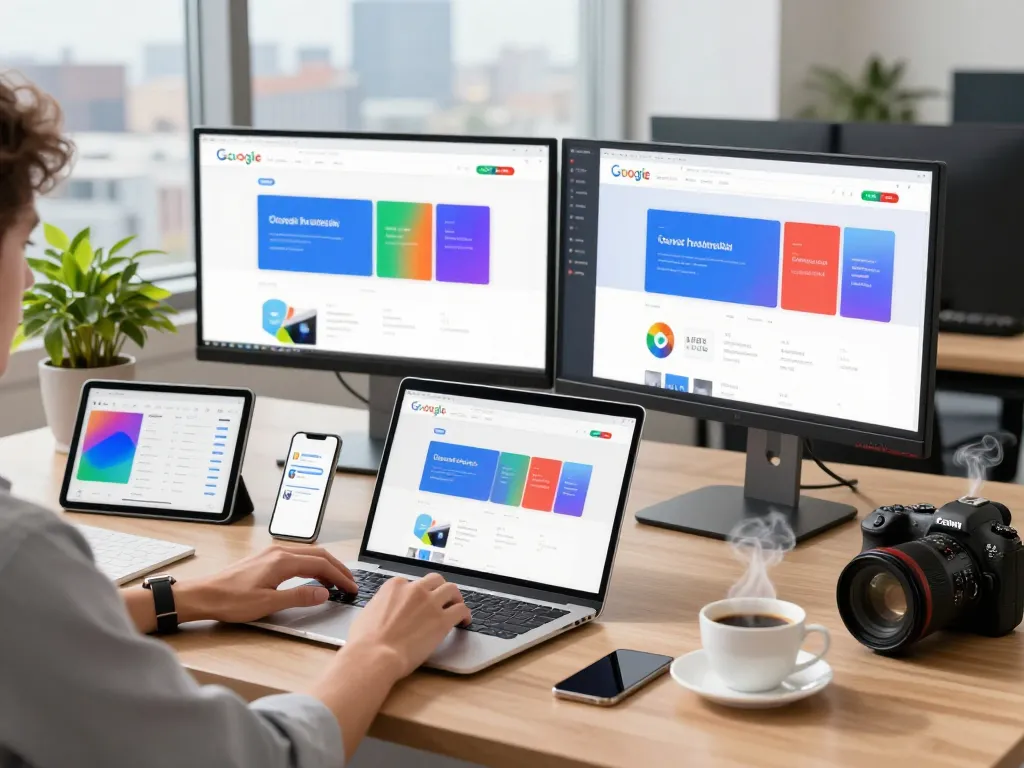 在现代技术工作空间中，双显示器和生动扩展下，积极使用谷歌浏览器功能的用户。