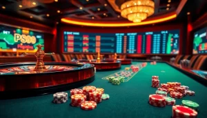 Engaging scene depicting a PS99 online casino with vibrant gaming tables and roulette wheels.