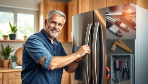 Technician performing appliance repair on a modern stainless-steel refrigerator in a bright kitchen.