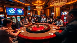 V9bet players enjoying an exhilarating roulette game in a luxurious casino setting.