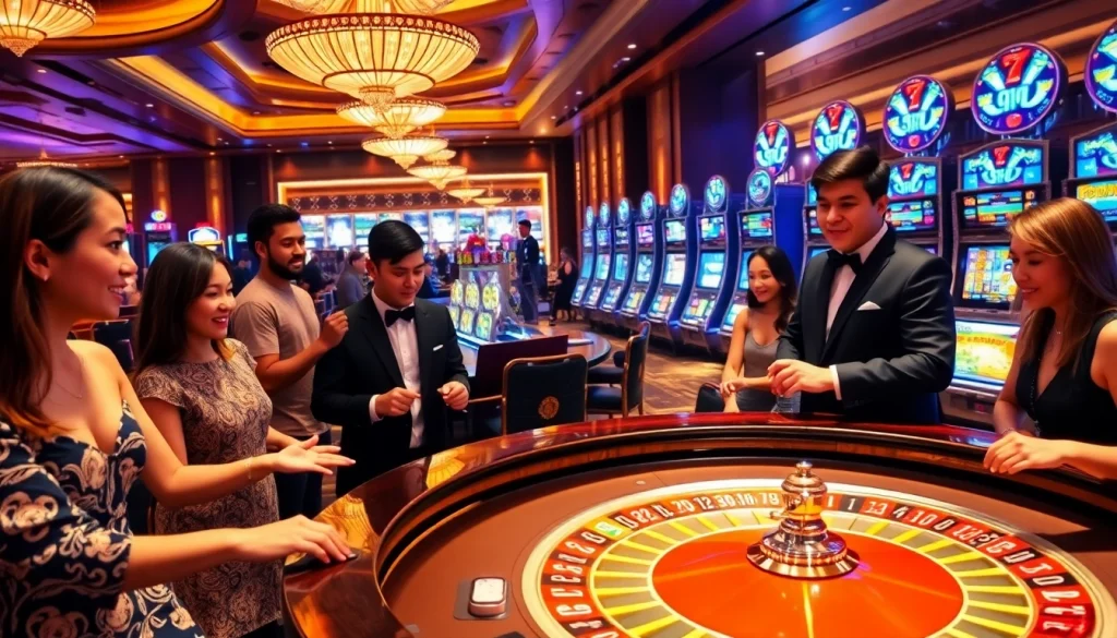 Excited players placing bets at the rr88 roulette table in a luxurious casino.