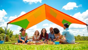 Family enjoying a summer picnic under a colorful canopy tent, surrounded by greenery.