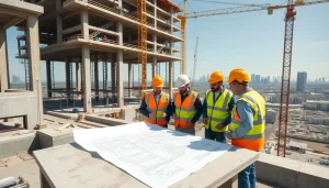 Construction association members collaborating on a building site with blueprints and cranes.