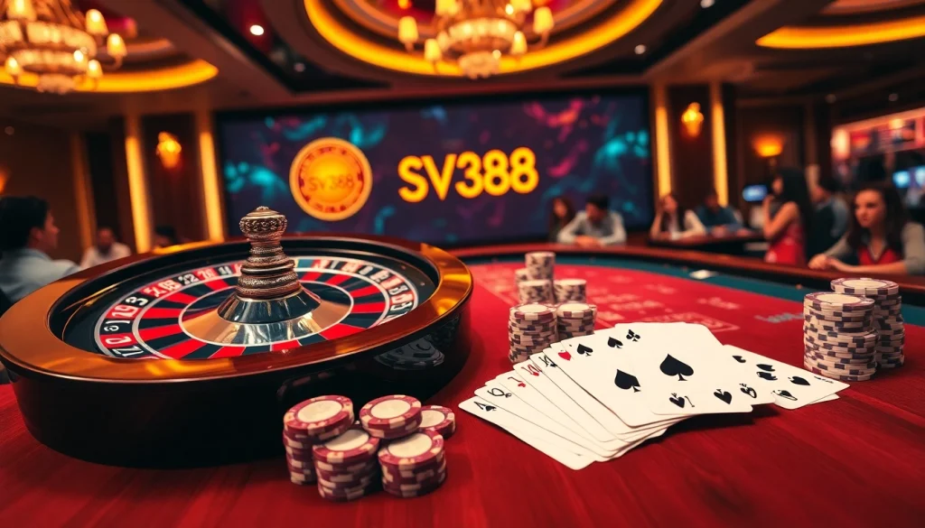 Players enjoying thrilling online gambling at SV388 casino with roulette and poker elements.