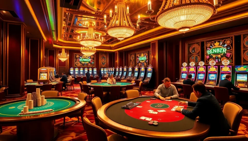 Une scène captivante de casino en ligne avec des tables vibrantes, des machines à sous étincelantes, et des joueurs profitant de leur expérience de jeu.