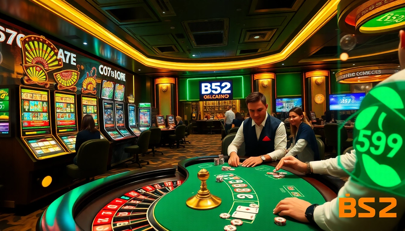 Cổng game B52 featuring exciting casino elements like poker, roulette, and luxury gaming atmosphere.