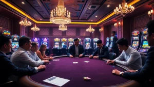 Link thabet with excited players at a professional poker table in a luxurious casino.