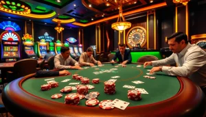 Players strategizing at a poker table while enjoying the extravagant atmosphere of open88.com.