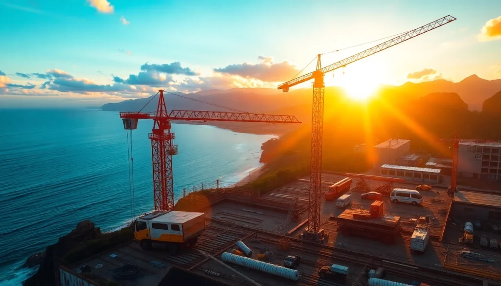 Hawaii construction news highlights activities on a busy construction site at sunrise.