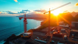 Hawaii construction news highlights activities on a busy construction site at sunrise.