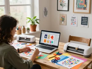 Vibrant workspace for creating SVG for Cricut projects with colorful paper and supplies.