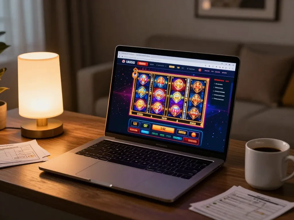 Player engaging with exciting slot games at dn88 online casino on a laptop in a warm home environment.
