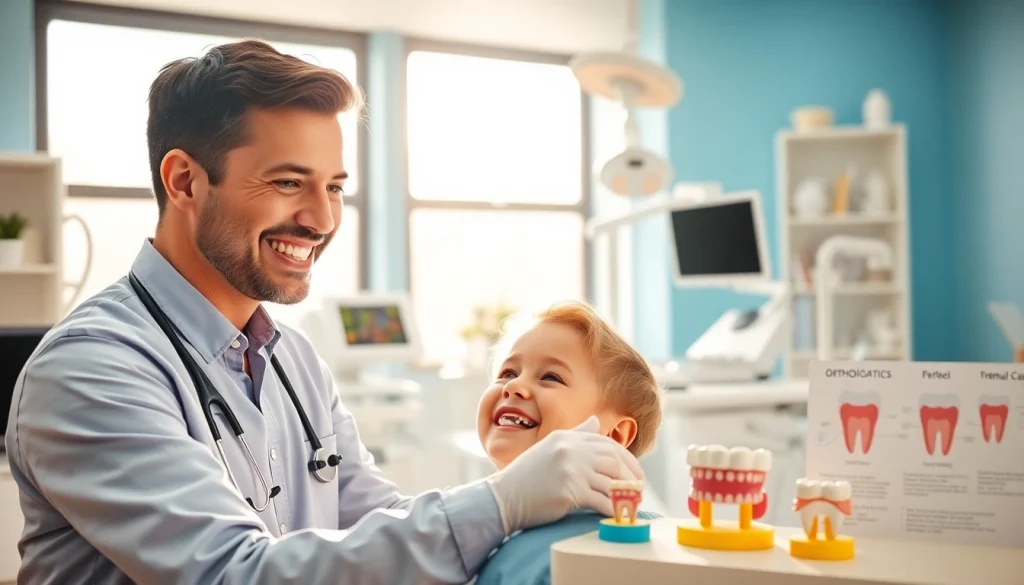 Orthodontic near me: Smiling orthodontist engaging with a child in a bright clinic.