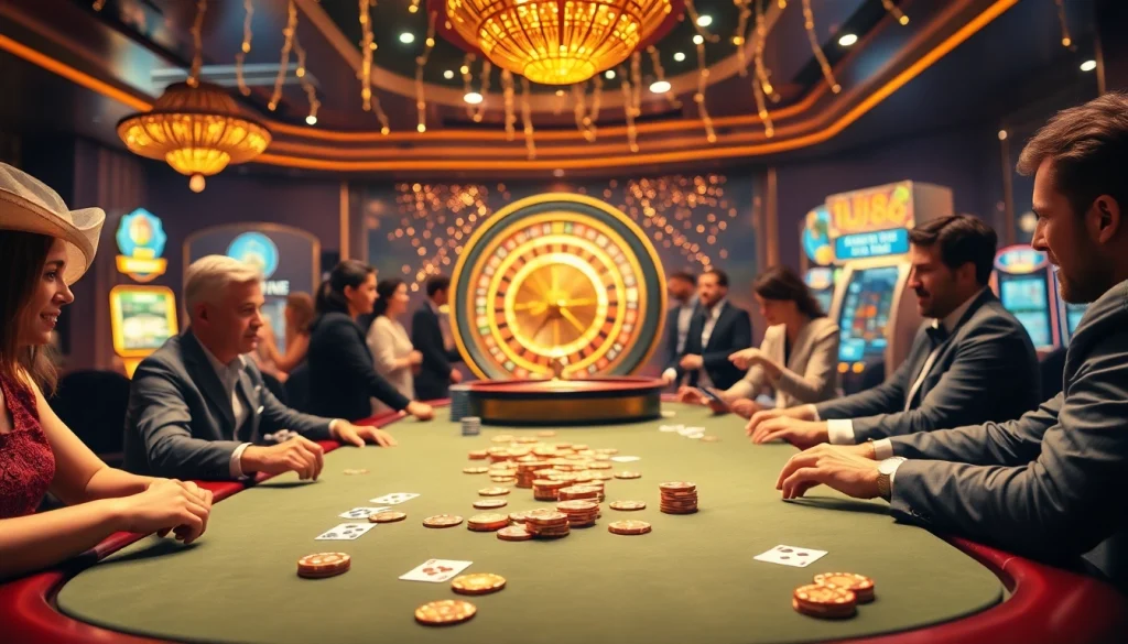 Exciting poker game at UU88 casino, showcasing luxurious betting atmosphere with vibrant colors.